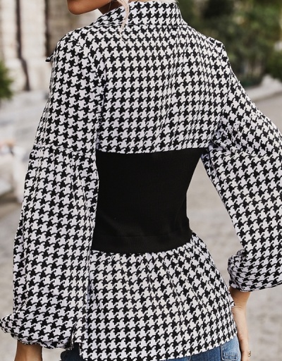 Replica Designer Houndstooth  Urban Style Puff Sleeve Ladies Blouse Long Sleeve Turndown Collar #794192 $24.21 USD for Wholesale