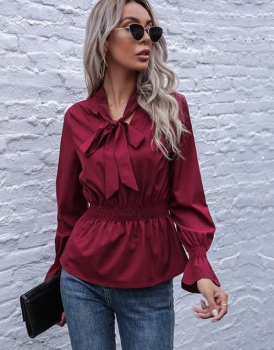  Spring Elastic Waist Solid Color Long Sleeve Women's Top Long Sleeve V Neck #794193 $21.97 USD, Wholesale Fashion Blouses