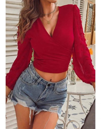 Ladies V Neck Puff Sleeve Fall Red Tops Long Sleeve V Neck #794194 $16.78 USD, Wholesale Fashion Blouses