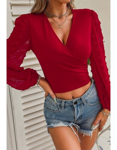 Replica Ladies V Neck Puff Sleeve Fall Red Tops Long Sleeve V Neck #794194 $16.78 USD for Wholesale