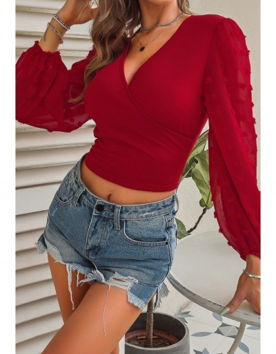 Replica Ladies V Neck Puff Sleeve Fall Red Tops Long Sleeve V Neck #794194 $16.78 USD for Wholesale