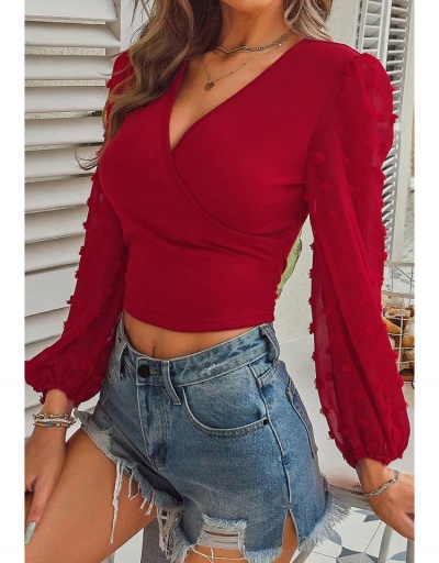 Replica Ladies V Neck Puff Sleeve Fall Red Tops Long Sleeve V Neck #794194 $16.78 USD for Wholesale