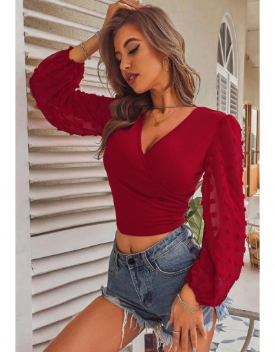 Replica Ladies V Neck Puff Sleeve Fall Red Tops Long Sleeve V Neck #794194 $16.78 USD for Wholesale