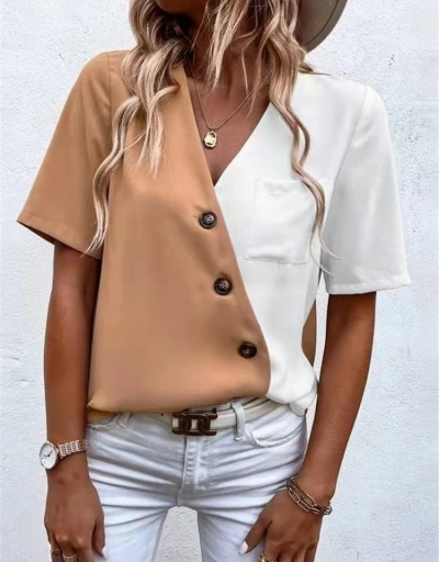 Button Up  V Neck Color Blocking Loose Tops Short Sleeve V Neck #794196 $20.69 USD, Wholesale Fashion Blouses