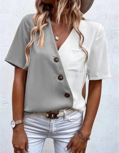 Replica Button Up  V Neck Color Blocking Loose Tops Short Sleeve V Neck #794196 $20.69 USD for Wholesale