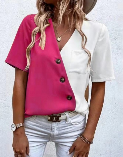 Replica Button Up  V Neck Color Blocking Loose Tops Short Sleeve V Neck #794196 $20.69 USD for Wholesale