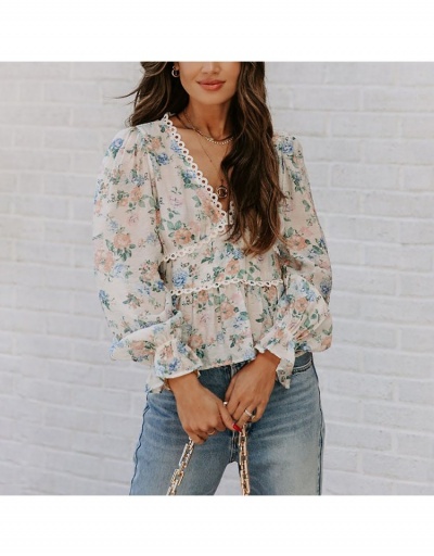 Women Printing Lantern Long Sleeve Chiffon Tops Long Sleeve V Neck #794202 $27.04 USD, Wholesale Fashion Blouses