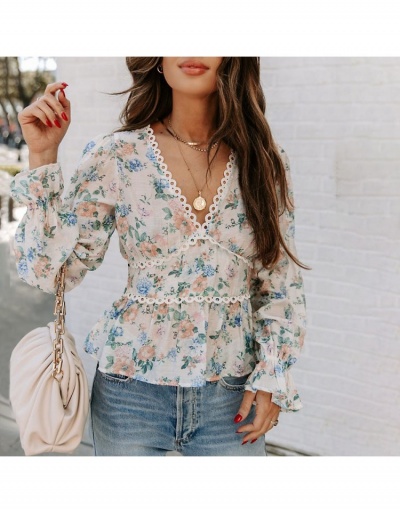 Replica Women Printing Lantern Long Sleeve Chiffon Tops Long Sleeve V Neck #794202 $27.04 USD for Wholesale