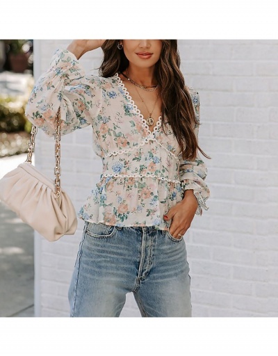 Replica Women Printing Lantern Long Sleeve Chiffon Tops Long Sleeve V Neck #794202 $27.04 USD for Wholesale