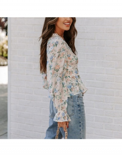 Replica Women Printing Lantern Long Sleeve Chiffon Tops Long Sleeve V Neck #794202 $27.04 USD for Wholesale