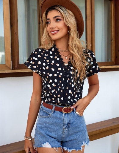 Replica  Casual V-Neck Lace Polka-Dot Top Short Sleeve V Neck #794203 $17.35 USD for Wholesale