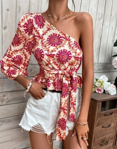  One Shoulder Printed Puff Sleeve Ladies Top Sleeveless Inclined Shoulder #794215 $19.50 USD, Wholesale Fashion Blouses