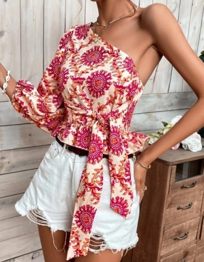 Replica  One Shoulder Printed Puff Sleeve Ladies Top Sleeveless Inclined Shoulder #794215 $19.50 USD for Wholesale