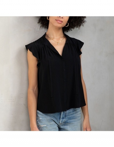 Replica Casual Pure Color Blouse For Women Short Sleeve Stand Collar #794218 $26.07 USD for Wholesale