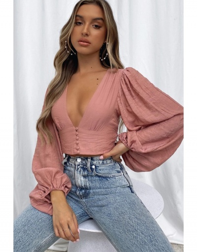 V Neck Lantern Sleeve  Fashion Designer Blouse Cropped Blouse Long Sleeve V Neck #794223 $22.25 USD, Wholesale Fashion Blouses