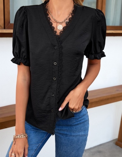 Replica  New V-Neck Pure Color Lace Top Short Sleeve V Neck #794224 $20.83 USD for Wholesale