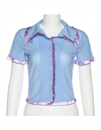 Replica  New Trend Color-block Short Sleeve Blouse Short Sleeve Turndown Collar #794226 $25.87 USD for Wholesale