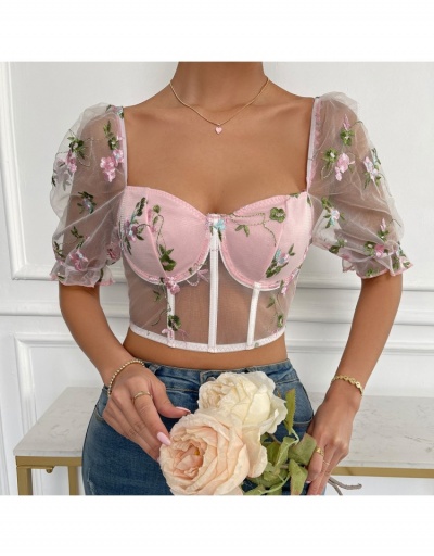  Sexy See-through Flower Embroidered Patchwork Top Short Sleeve Sweetheart Neck #794228 $19.25 USD, Wholesale Fashion Blouses