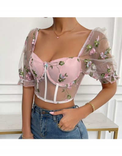 Replica  Sexy See-through Flower Embroidered Patchwork Top Short Sleeve Sweetheart Neck #794228 $19.25 USD for Wholesale