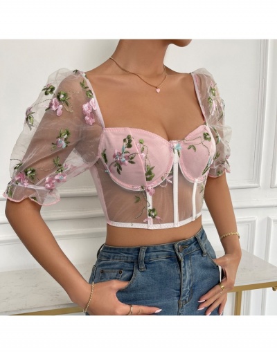 Replica  Sexy See-through Flower Embroidered Patchwork Top Short Sleeve Sweetheart Neck #794228 $19.25 USD for Wholesale