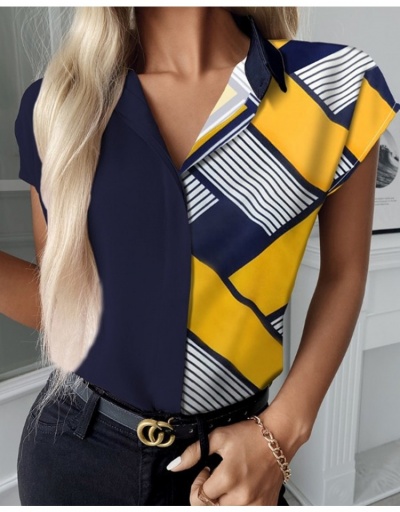 Office Lady Color Block  Shirt Short Sleeve Top Short Sleeve Lapel #794233 $22.43 USD, Wholesale Fashion Blouses