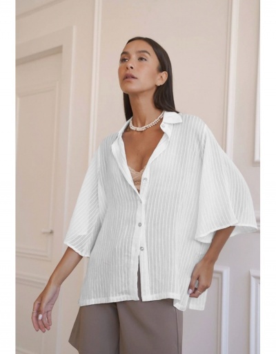  Casual French Three-Quarter Sleeve Slit Stripe Women's Blouse  Three Quarter Sleeve Lapel #794238 $28.73 USD, Wholesale Fashion Blouses