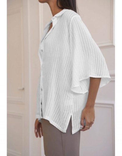 Replica  Casual French Three-Quarter Sleeve Slit Stripe Women's Blouse  Three Quarter Sleeve Lapel #794238 $28.73 USD for Wholesale