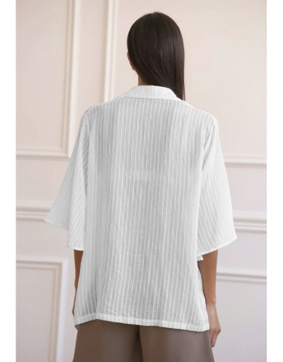 Replica  Casual French Three-Quarter Sleeve Slit Stripe Women's Blouse  Three Quarter Sleeve Lapel #794238 $28.73 USD for Wholesale