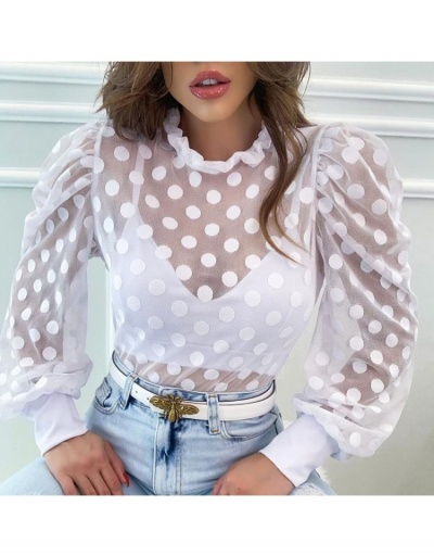  See-through Polka Dots Puff Sleeve Ladies Top Long Sleeve Crew Neck #794244 $17.23 USD, Wholesale Fashion Blouses