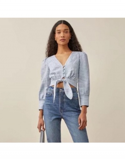  Summer V-Neck Plaid Short Blouse For Women Long Sleeve V Neck #794245 $33.99 USD, Wholesale Fashion Blouses