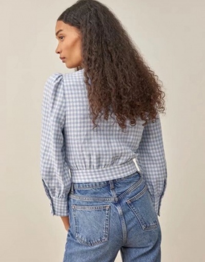 Replica  Summer V-Neck Plaid Short Blouse For Women Long Sleeve V Neck #794245 $33.99 USD for Wholesale