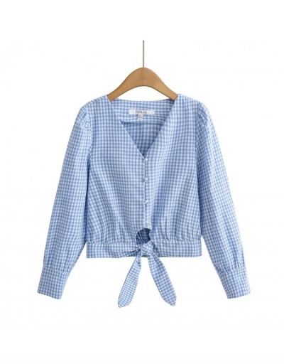 Replica  Summer V-Neck Plaid Short Blouse For Women Long Sleeve V Neck #794245 $33.99 USD for Wholesale