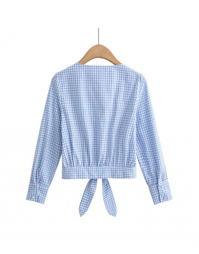 Replica  Summer V-Neck Plaid Short Blouse For Women Long Sleeve V Neck #794245 $33.99 USD for Wholesale