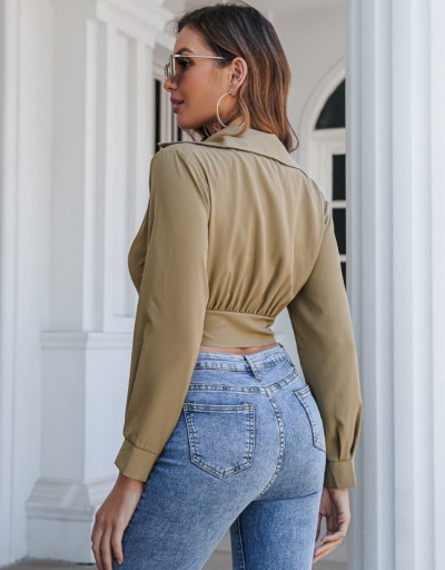 Replica  Pure Color Lapel Long Sleeve Crop Top Shirt Long Sleeve Lapel #794249 $21.84 USD for Wholesale