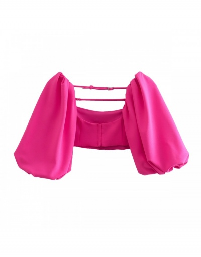 Replica Women Sexy Puff Short Sleeve Solid Cropped Tops Short Sleeve Bateau Neck #794252 $26.00 USD for Wholesale