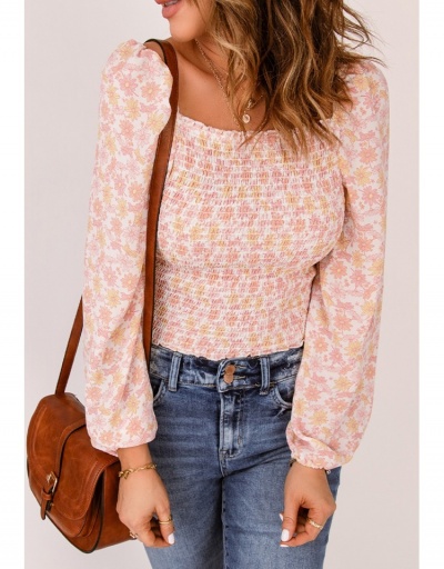 Fall Ladies Square Neck  Floral Puff Sleeve Blouse Long Sleeve Square Neck #794253 $24.80 USD, Wholesale Fashion Blouses