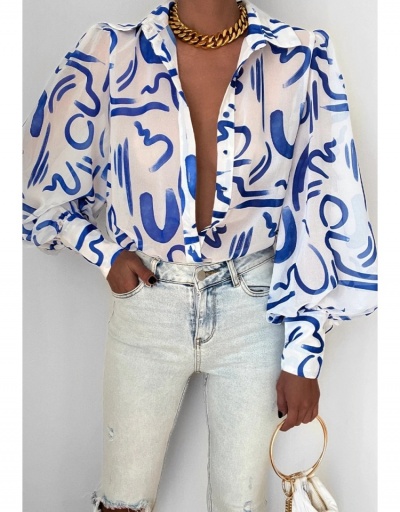 Replica Fashion Printing Lantern Sleeve Single Breasted Blouse Long Sleeve Turndown Collar #794263 $20.60 USD for Wholesale