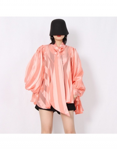  Chiffon Stripe Lantern Sleeve Lace Up Blouse Long Sleeve Stand Collar #794266 $64.29 USD, Wholesale Fashion Blouses