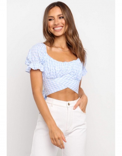 Replica Tie Wrap Designer Puff Sleeve Cropped Tops  Short Sleeve Scoop Neck #794282 $22.52 USD for Wholesale