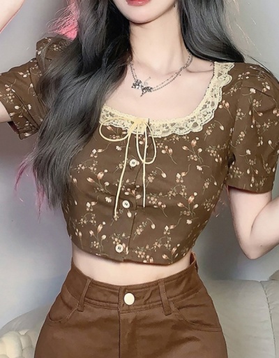  Fresh Sweet Floral Crop Blouse Short Sleeve Doll Collar #794289 $22.17 USD, Wholesale Fashion Blouses