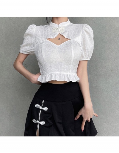  Summer Retro Hollowed Out Puff Sleeve Blouse Short Sleeve Stand Collar #794293 $26.27 USD, Wholesale Fashion Blouses