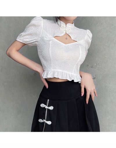 Replica  Summer Retro Hollowed Out Puff Sleeve Blouse Short Sleeve Stand Collar #794293 $26.27 USD for Wholesale