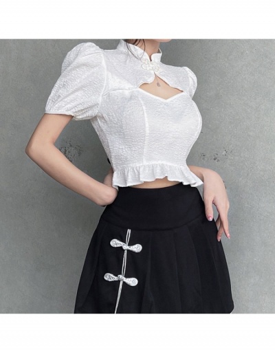 Replica  Summer Retro Hollowed Out Puff Sleeve Blouse Short Sleeve Stand Collar #794293 $26.27 USD for Wholesale