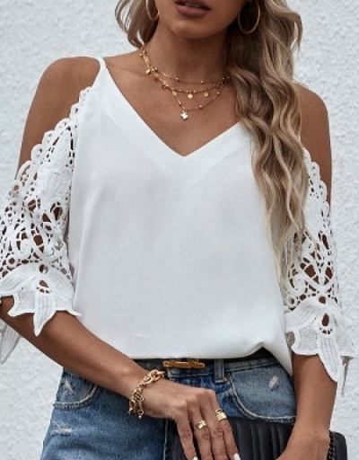  V-Neck White Hollowed Out Sexy Blouse Three Quarter Sleeve V Neck #794294 $20.02 USD, Wholesale Fashion Blouses