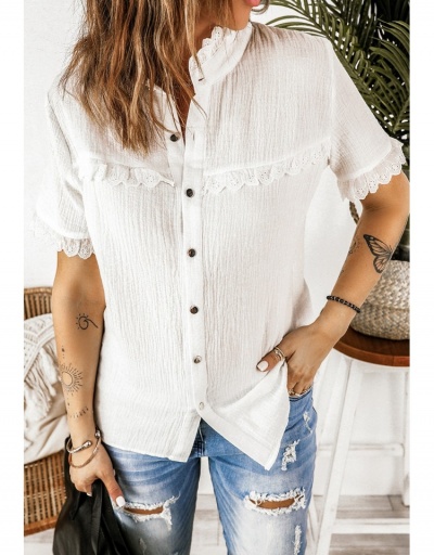  Pure Color Lacework Short Sleeve Ladies Top Short Sleeve Stand Collar #794297 $24.00 USD, Wholesale Fashion Blouses