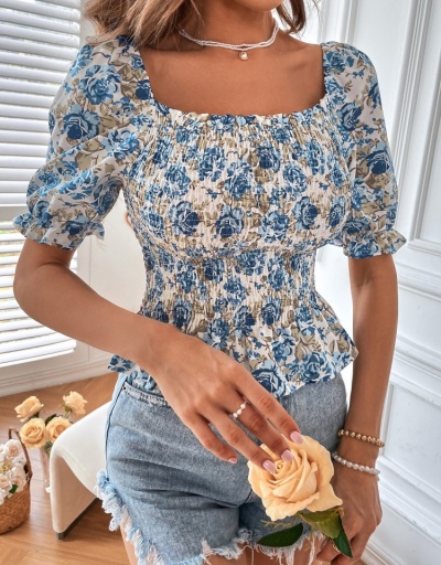 Fashion Printing Puff Short Sleeve Tops Short Sleeve Square Neck #794315 $24.03 USD, Wholesale Fashion Blouses