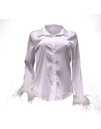 Replica Faux Feather Patchwork Long Sleeve Ladies White Blouse Long Sleeve Turndown Collar #794316 $23.85 USD for Wholesale