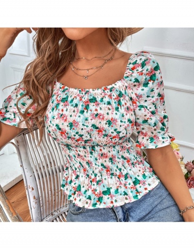 Replica  Fashion Square Neck Ruched Floral Women's Top Short Sleeve Square Neck #794318 $24.99 USD for Wholesale