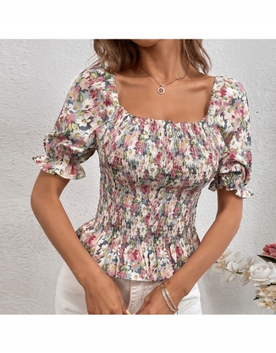  Ruched Flower Printing Fashion Square Neck Blouse Short Sleeve Square Neck #794321 $29.25 USD, Wholesale Fashion Blouses