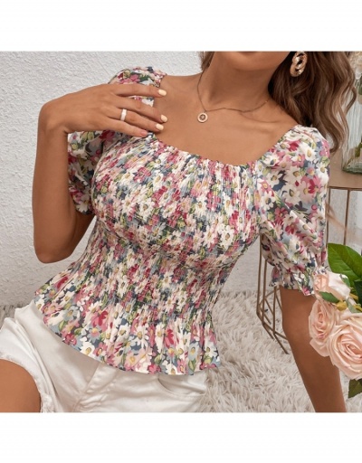 Replica  Ruched Flower Printing Fashion Square Neck Blouse Short Sleeve Square Neck #794321 $29.25 USD for Wholesale